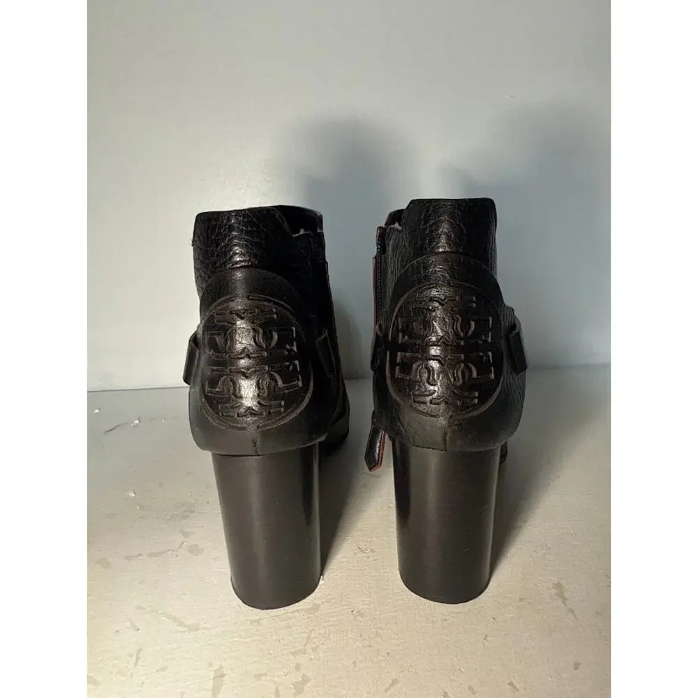 Tory Burch Dorese Black Pebbled Leather Ankle Booties Boots Block Heel Womens 7